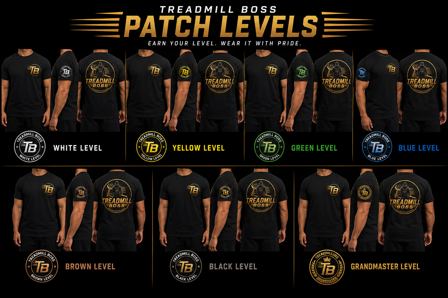 Treadmill Boss Patch Levels — all seven progression tiers from White to Grandmaster on branded apparel