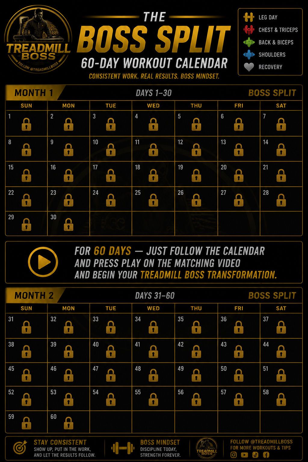 The Boss Split — 60-Day Workout Calendar showing the full two-month training schedule