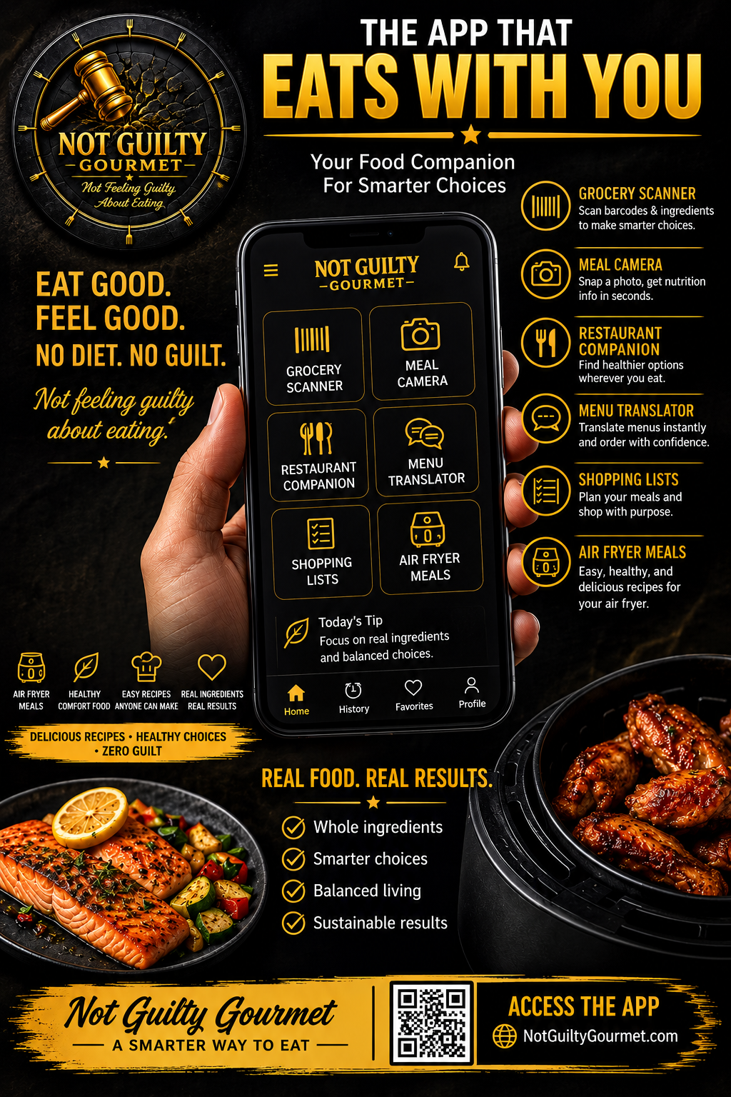Not Guilty Gourmet — Food Companion App flyer showing app features including Grocery Scanner, Meal Camera, Restaurant Companion, and more