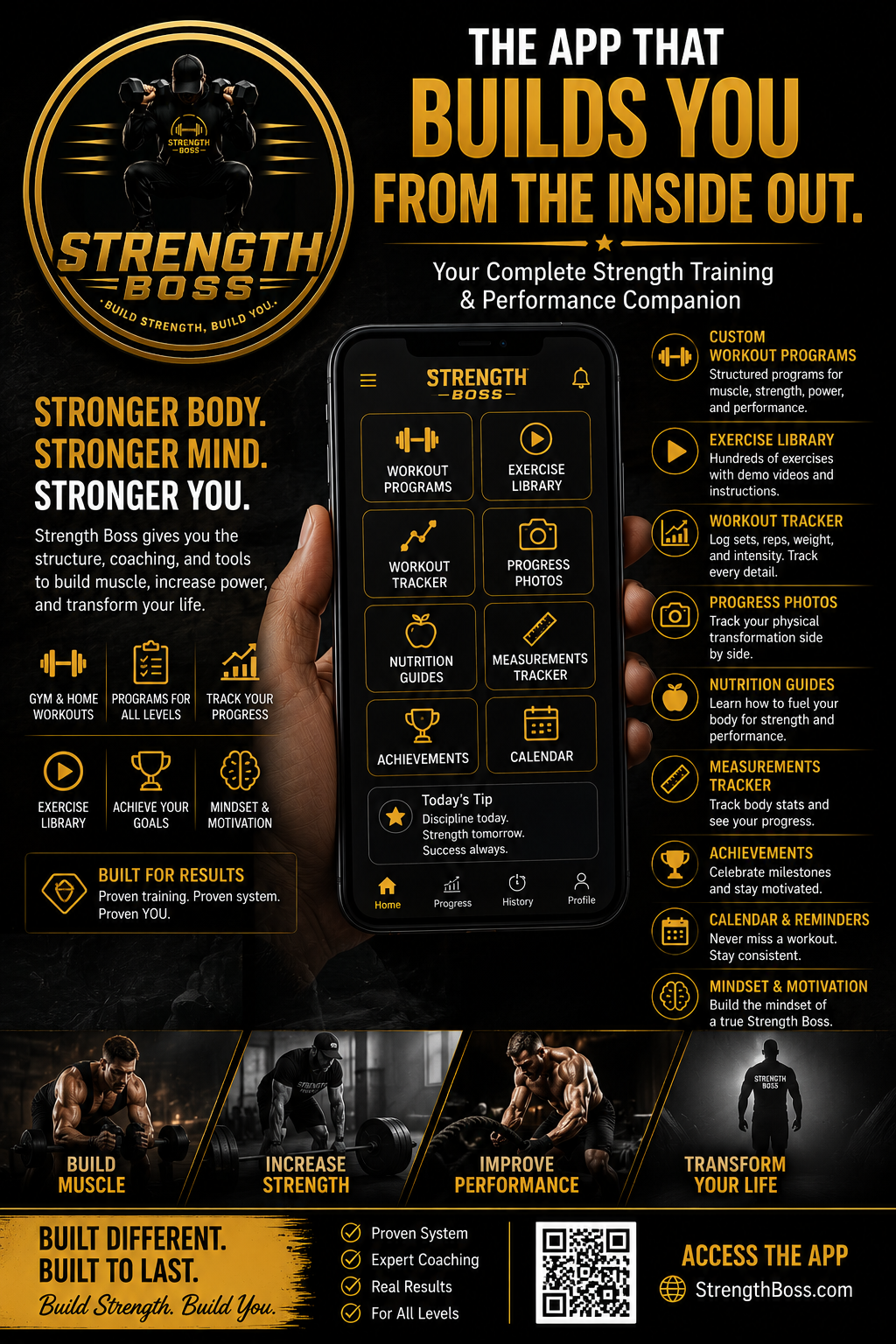 Strength Boss — 60-Day Foundation Program flyer showing app features and training system